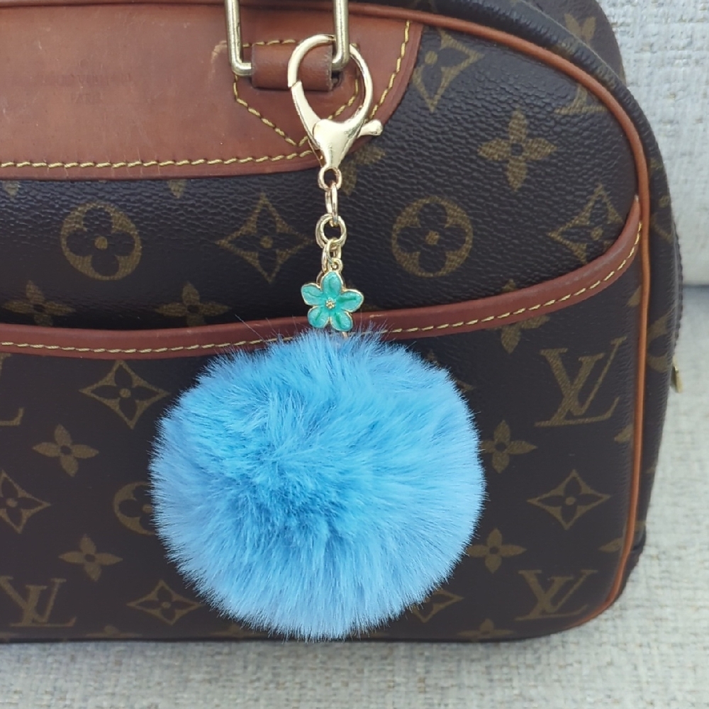 Blue Flower Charm, Pom, Silver Keychain